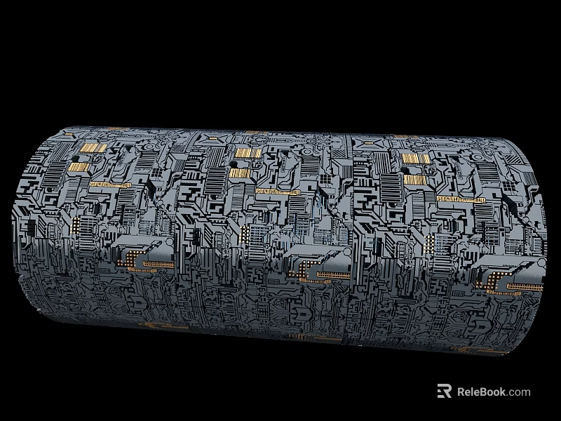 Cylindrical Object With Intricate Gray And Gold Circuit Pattern Design 3d model 