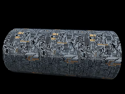 Cylindrical Object With Intricate Gray And Gold Circuit Pattern Design 3d model