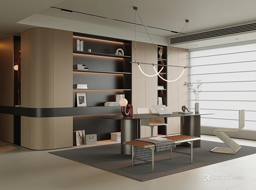 Modern Study Room Interior With Wall Mounted Shelves Wooden Desk Pendant Chandelier And Window Blinds 3d model 