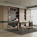 Modern Study Room Interior With Wall Mounted Shelves Wooden Desk Pendant Chandelier And Window Blinds