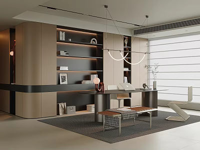 Modern Study Room Interior With Wall Mounted Shelves Wooden Desk Pendant Chandelier And Window Blinds 3d model