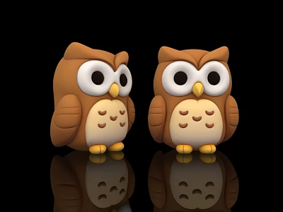 Two Brown Owl Toys With Big Eyes Yellow Claws On Black Background And Reflection 3d model
