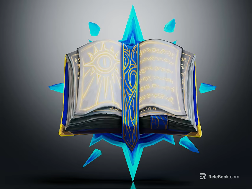 Open Fantasy Book with Golden Text Sun Pattern Blue Decorations and Glowing Blue Elements 3d model 