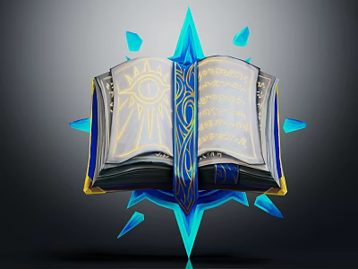 Open Fantasy Book with Golden Text Sun Pattern Blue Decorations and Glowing Blue Elements 3d model