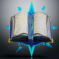 Open Fantasy Book with Golden Text Sun Pattern Blue Decorations and Glowing Blue Elements 3d model