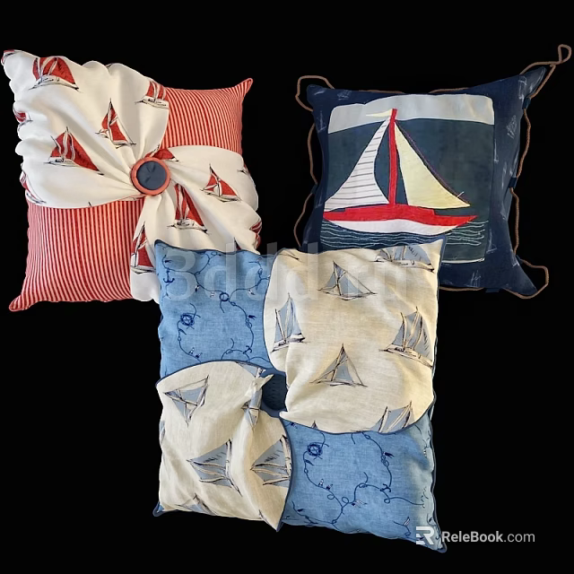 Colorful Decorative Throw Pillows With Sailboat Patterns In Red Blue And White 3d model 