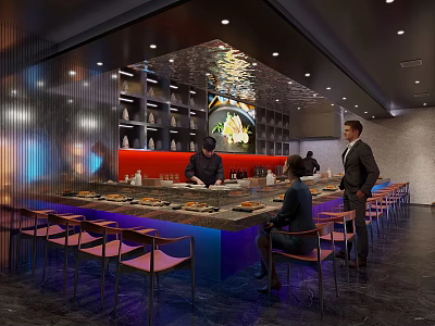 Modern Sushi Restaurant With Open Bar Chef Preparing Fresh Sushi Customers Seated Ambient Interior 3d model