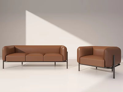 Modern Brown Leather Sofa Set with Three-Seater Sofa Armchair and Metal Legs in White Space 3d model
