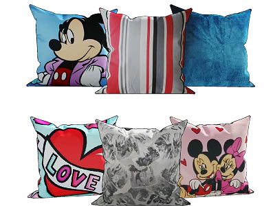 Cute Cartoon Character Patterned Pillows With Striped Blue And Love Heart Designs 3d model