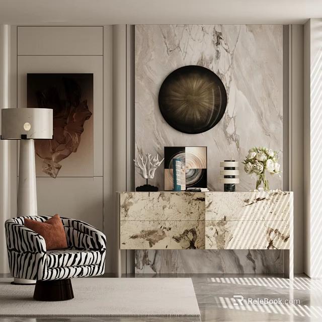 Zebra Pattern Accent Chair in Modern Interior with Marble Wall Console Table and Decorative Items 3d model