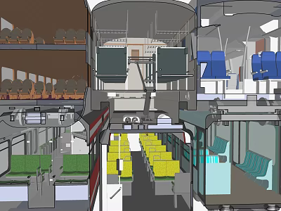 Modern High Speed Train Interior Featuring Green Yellow Blue Seats And Seating Layout 3d model