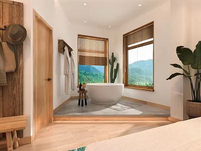 Hotel Room Interior With Bathtub Mountain View Windows And Wooden Decor Plants 3d model
