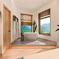 Hotel Room Interior With Bathtub Mountain View Windows And Wooden Decor Plants