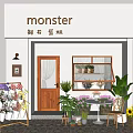 Charming White Cake and Flower Shop Storefront with Flower Stand Green Plants and Small Table