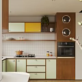 Open Modern Kitchen with Green Cabinets White Countertop Island Pendant Lights Window Blinds and Plants