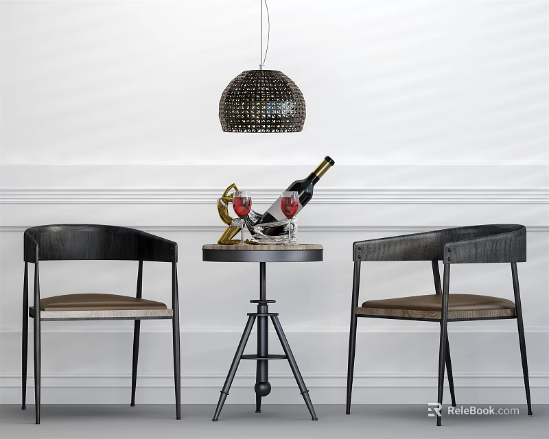 Stylish Round Table and Chairs Set with Wine Bottle Glasses and Pendant Light 3d model 