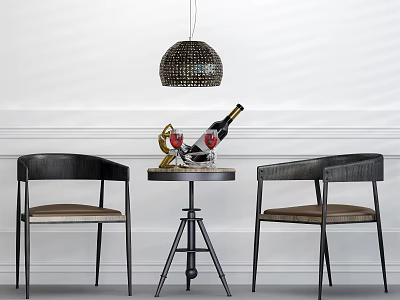 Stylish Round Table and Chairs Set with Wine Bottle Glasses and Pendant Light 3d model