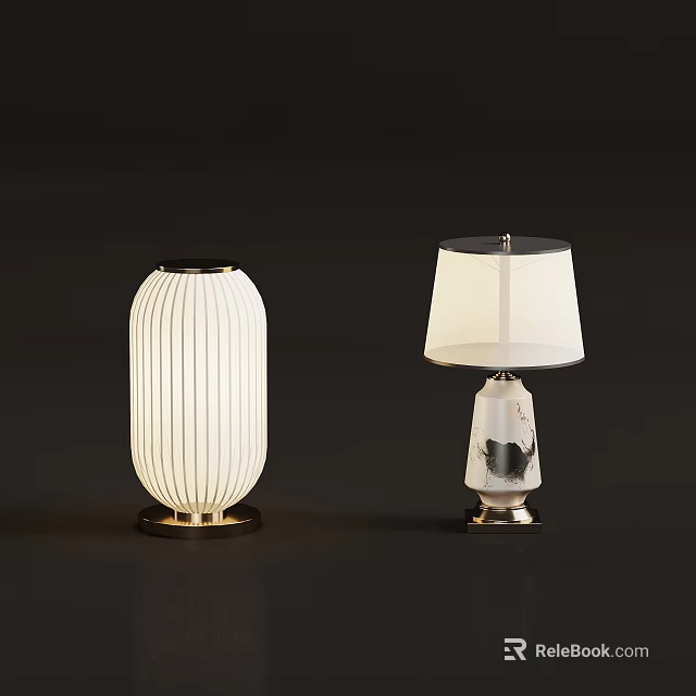 Two Unique Table Lamps With Ribbed White Shade And Black Patterned Base Design 3d model 