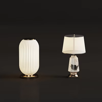 Two Unique Table Lamps With Ribbed White Shade And Black Patterned Base Design 3d model