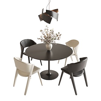 Modern Dining Table and Chair Combination Round Dining Table Single Chair Four-person Dining Table and Chair Minimalist Dining Table and Chair Restaurant Chandelier 3d model