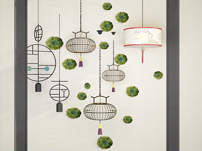 Chinese Style Chandeliers With Lantern Shapes Geometric Patterns And Green Plant Decorations 3d model