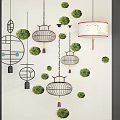 Chinese Style Chandeliers With Lantern Shapes Geometric Patterns And Green Plant Decorations