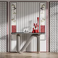 Elegant Modern Console Table Design With Lattice Walls Striped Wall Red Ornaments And Decorative Paintings
