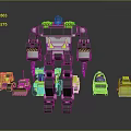 Large Transformable Robot Figure With Multiple Small Construction Vehicles In Black Yellow Purple 3d model