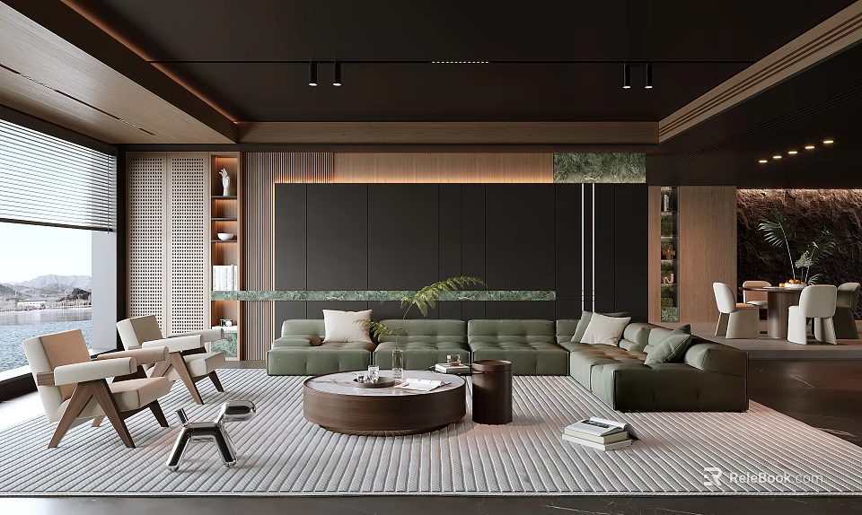 Modern Living Dining Room Interior With Green Sofa Wooden Coffee Table Rug And Decorative Plants 3d model 