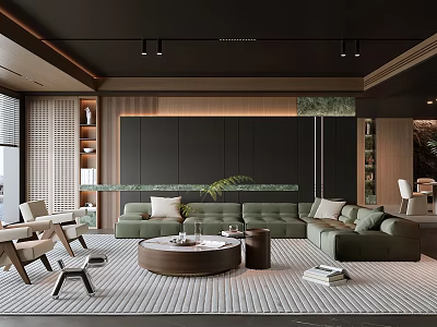 Modern Living Dining Room Interior With Green Sofa Wooden Coffee Table Rug And Decorative Plants 3d model