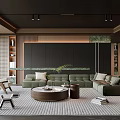 Modern Living Dining Room Interior With Green Sofa Wooden Coffee Table Rug And Decorative Plants