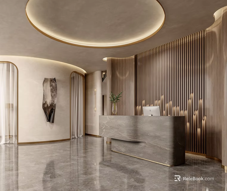 Elegant Modern Beauty Hair Salon With Marble Reception Counter Wooden Slat Wall And Circular Ceiling Light 3d model 