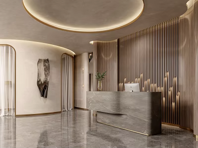 Elegant Modern Beauty Hair Salon With Marble Reception Counter Wooden Slat Wall And Circular Ceiling Light 3d model