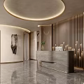 Elegant Modern Beauty Hair Salon With Marble Reception Counter Wooden Slat Wall And Circular Ceiling Light