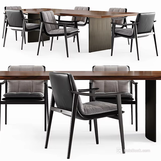 Modern Dining Table Set With Wooden Tabletop Gray Cushioned Chairs And Black Frame 3d model 