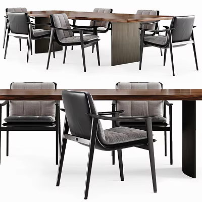 Modern Dining Table Set With Wooden Tabletop Gray Cushioned Chairs And Black Frame 3d model