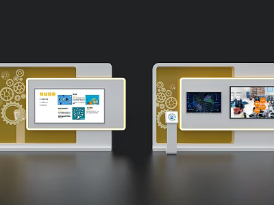Exhibition Island Display Featuring Screen Gear Decorations And Information Charts 3d model