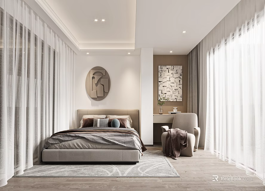 Modern Minimalist Bedroom Interior With Bed Circular Decorative Painting Armchair Sheer Curtains And Area Rug 3d model 