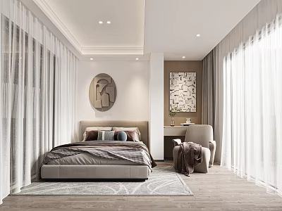 Modern Minimalist Bedroom Interior With Bed Circular Decorative Painting Armchair Sheer Curtains And Area Rug 3d model