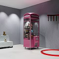 Stuffed Dolls Display on Colorful Shelves with Pink Claw Machine in Room