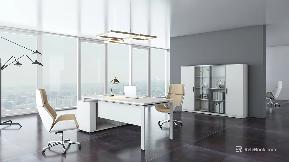 Modern Office with Large Windows City View White Desk Beige Office Chairs And Storage Cabinet 3d model 