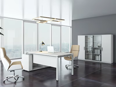 Modern Office with Large Windows City View White Desk Beige Office Chairs And Storage Cabinet 3d model