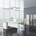 Modern Office with Large Windows City View White Desk Beige Office Chairs And Storage Cabinet