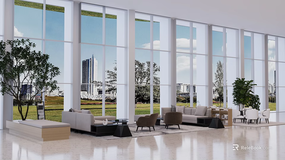 Bright Modern Hotel Public Lounge With Large Windows City View Green Plants And Comfortable Sofas 3d model 
