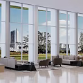 Bright Modern Hotel Public Lounge With Large Windows City View Green Plants And Comfortable Sofas