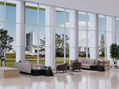 Bright Modern Hotel Public Lounge With Large Windows City View Green Plants And Comfortable Sofas 3d model