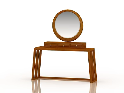Simple Modern Wooden Dressing Table With Round Mirror Two Drawers And Slender Legs 3d model