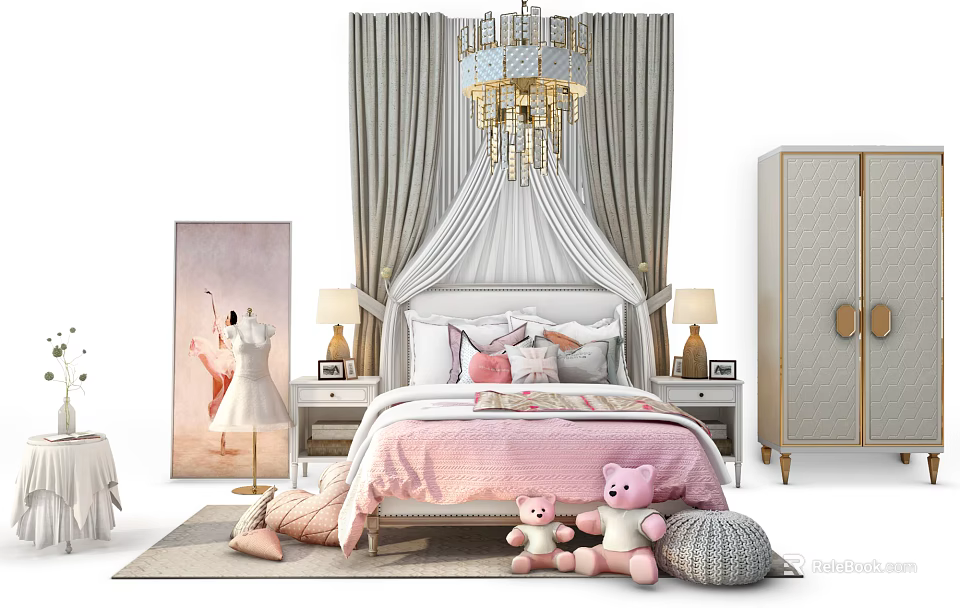 Pink Kids Bed With Canopy Chandelier Stuffed Toys Nightstands And Wardrobe 3d model 