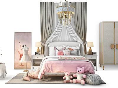 Pink Kids Bed With Canopy Chandelier Stuffed Toys Nightstands And Wardrobe 3d model