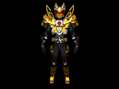 Armored Warrior In Golden Black Armor With Yellow Accents And Red Chest Emblem 3d model
